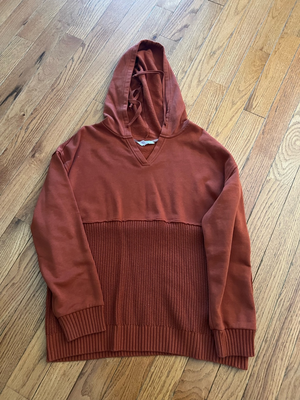 Time and Tru Burnt Orange V-Neck Hooded Pullover Sweater